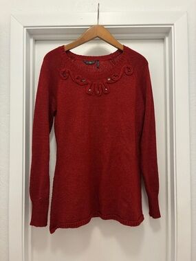 Daisy Fuentes Red Knit Sweater with Embellished Neckline